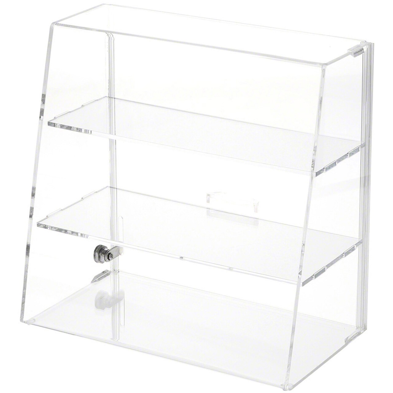 Plymor Clear Acrylic Locking Display Case with Slanted Front and Sliding Back, 2 Flat Shelves